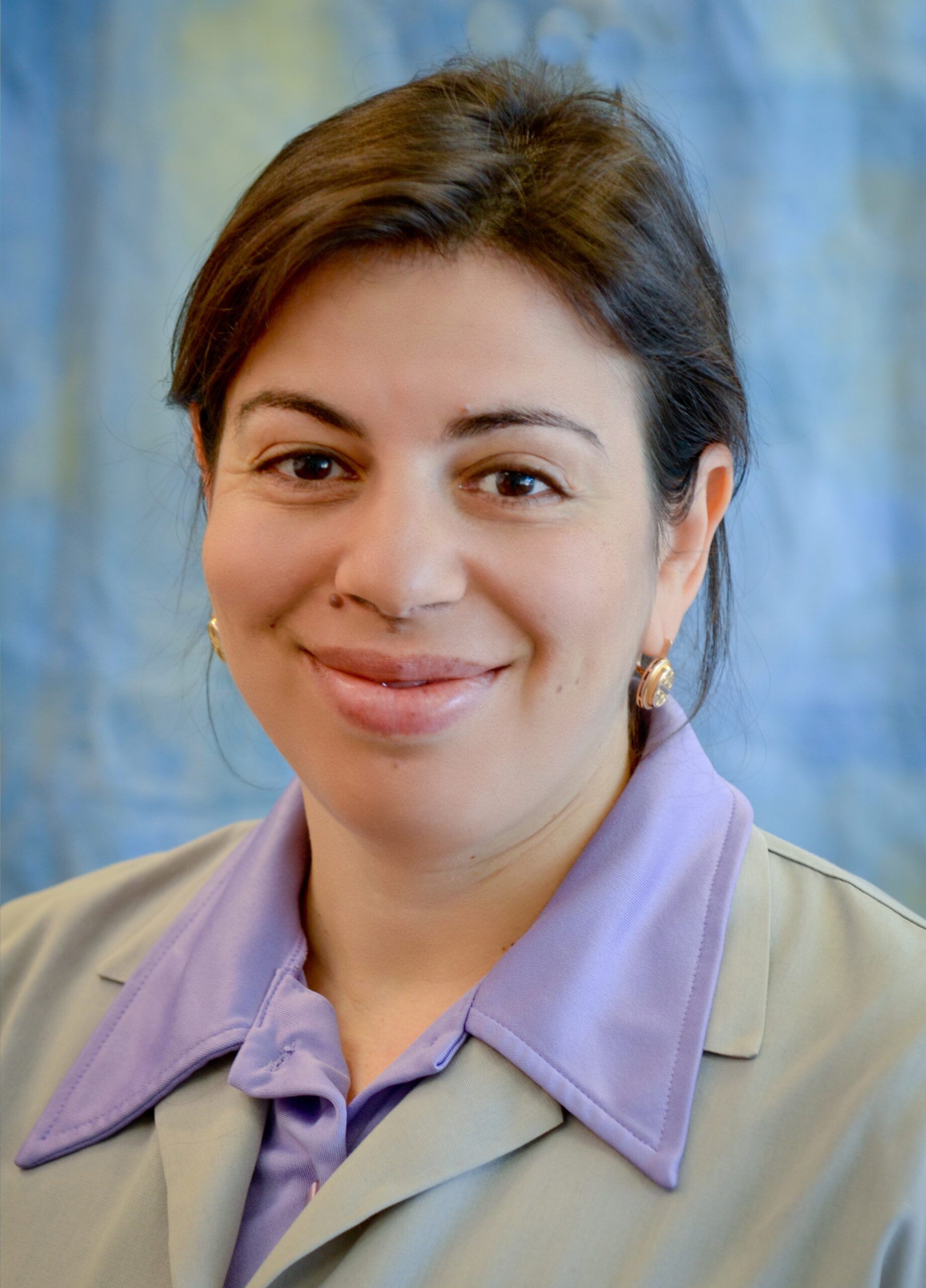 Dr. Jane Vernik is pictured with dark hair while smiling slightly. They are wearing a light purple collared shirt and beige blazer against a blurred blue and green background.