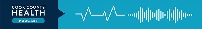 Image of a banner with Cook County Health Podcast on the left. A white heartbeat line transitions into sound waves on a teal background.