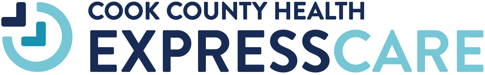 Cook County Health Express Care logo featuring stylized blue text with a medical cross and circular design, representing accessible healthcare services.